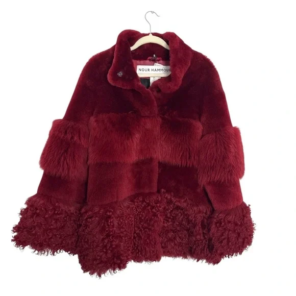 NWT Nour Hammour Aimée Shearling Fur Coat in Crimson/Oxblood red